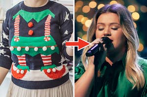 Christmas sweater and Kelly Clarkson singing.