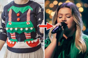 Christmas sweater and Kelly Clarkson singing.