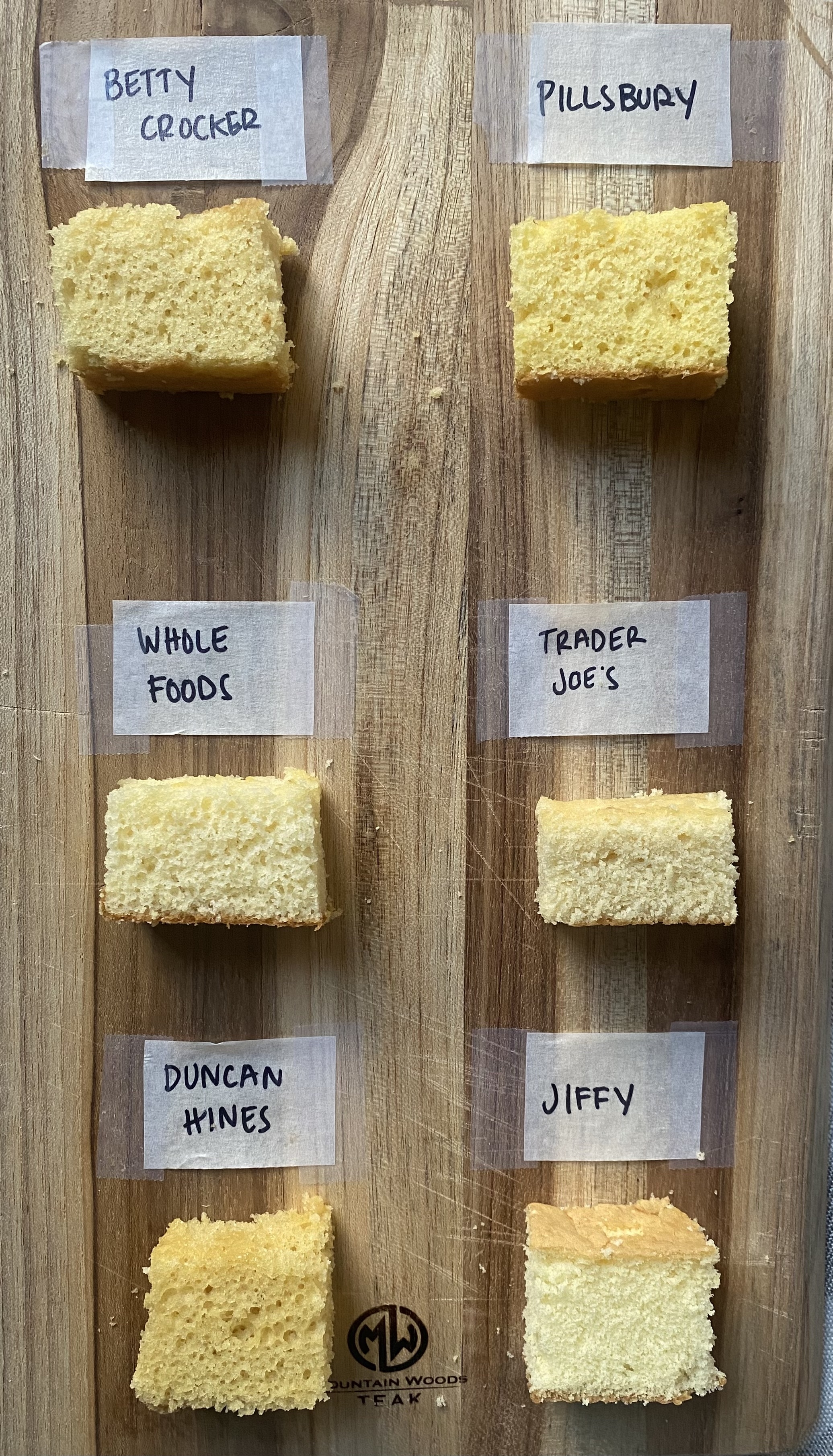 six pieces of cake on a cutting board labeled with tape