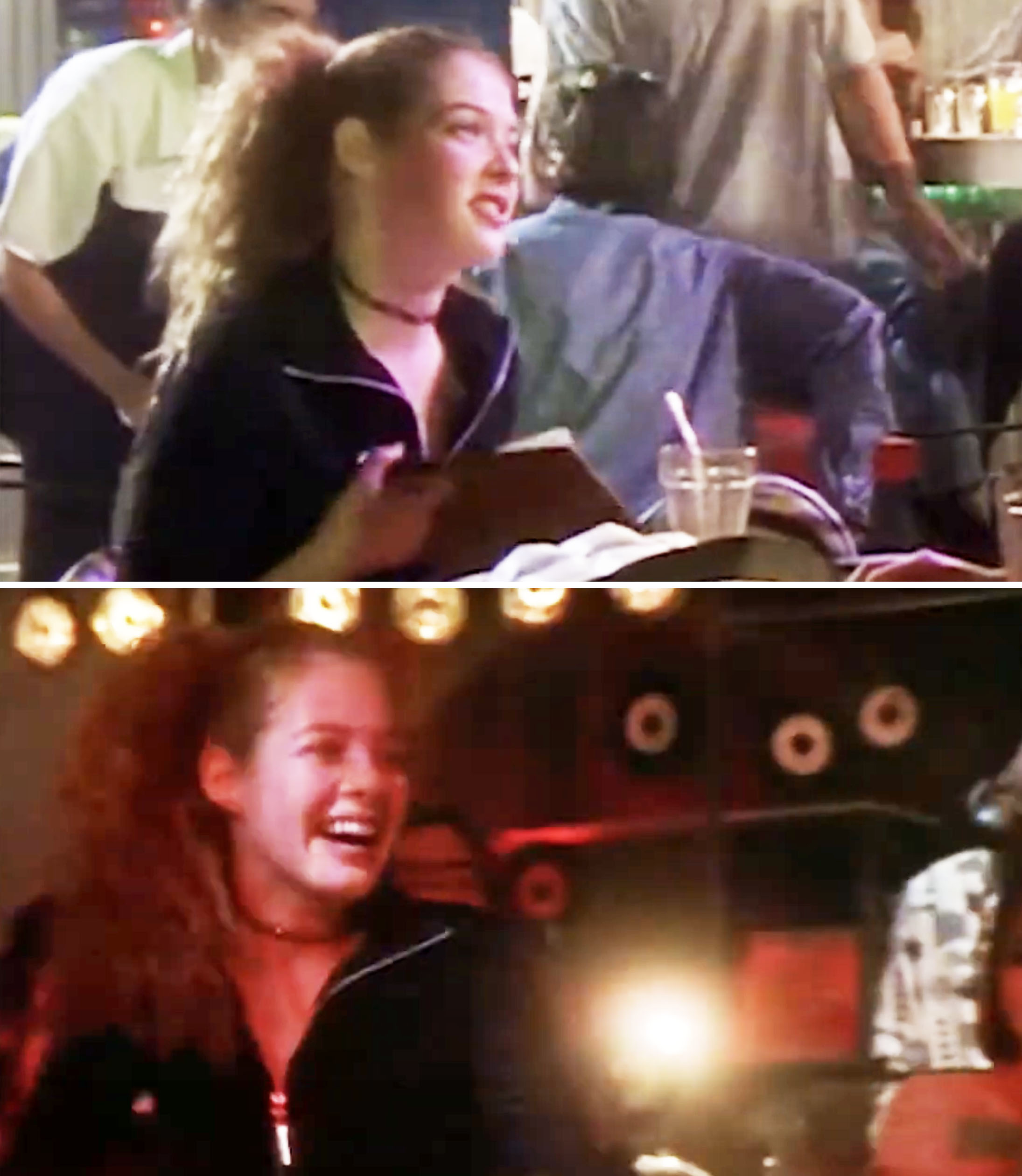 her character laughing in a diner