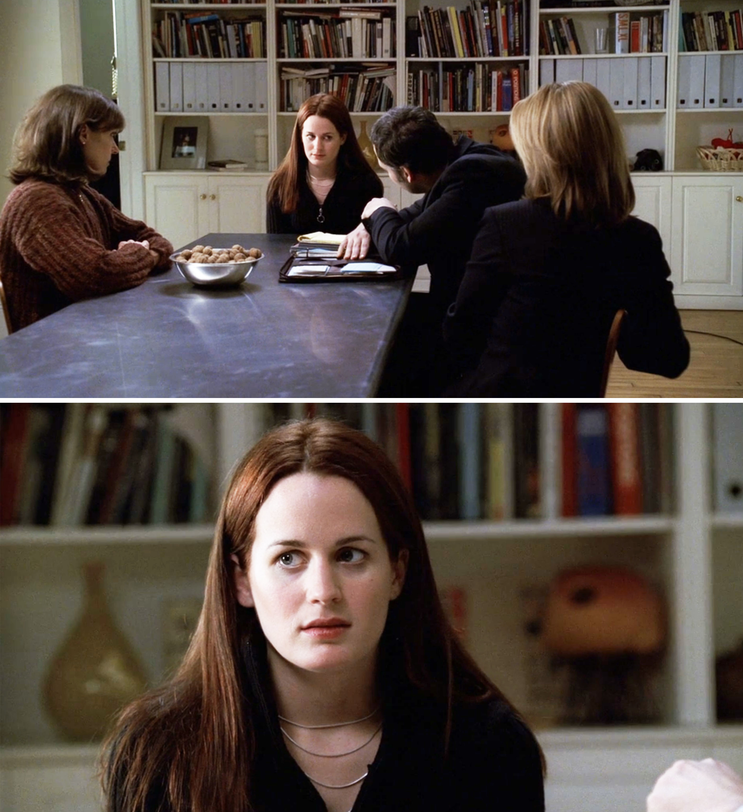 her character meeting with detectives in a kitchen
