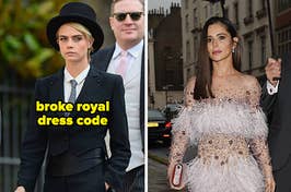 Cara Delevingne broke royal dress code by wearing a tux, and Cheryl wore a feathery white dress with sheer panels