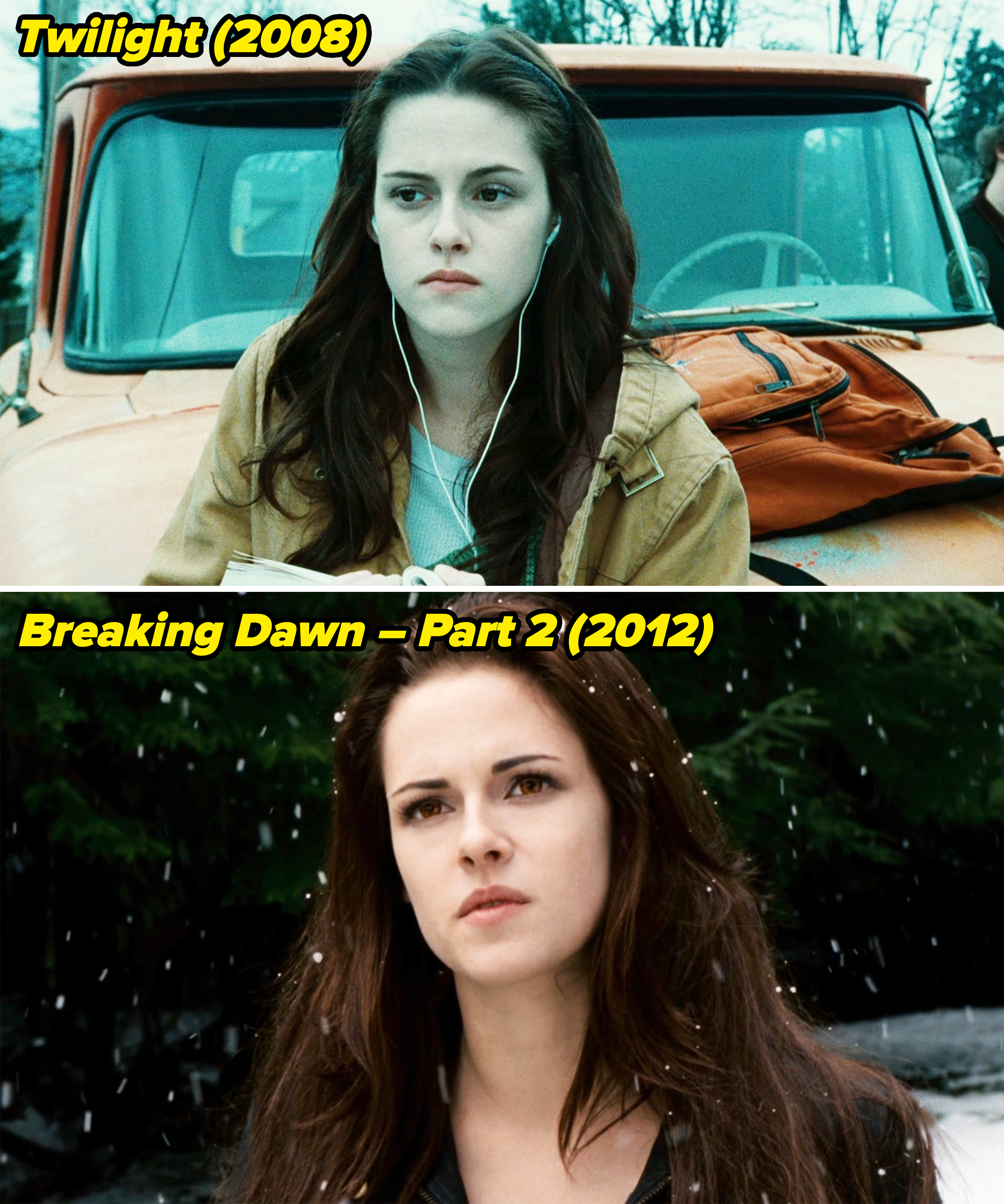 closeup of her in the first film in 2008 and the last film in 2012