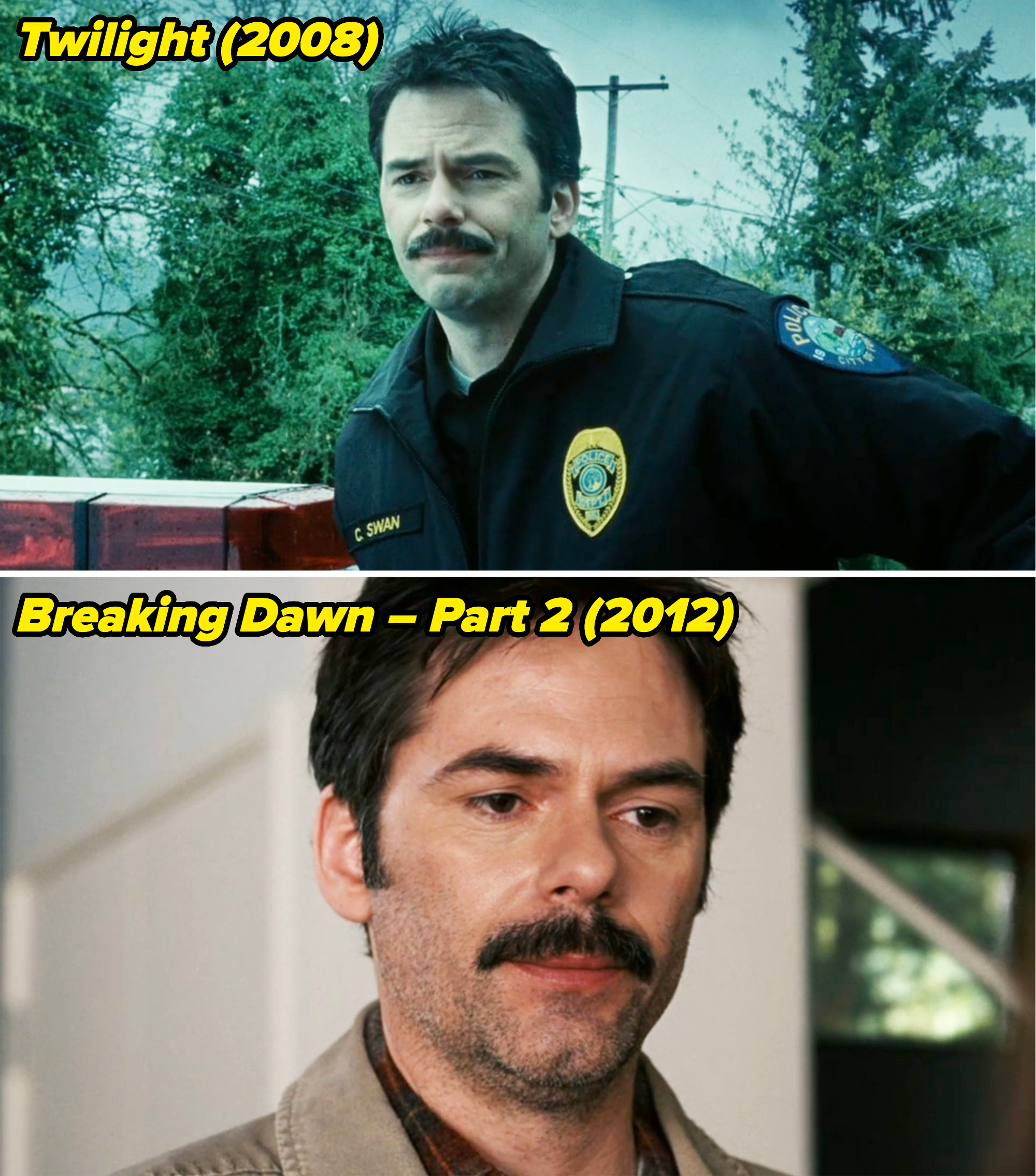 him wearing a cop uniform in the first movie and a closeup of him in the last film