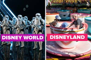 Storm Troopers inside "Rise of the Resistance" in Disney World next to a separate image of people riding the teacups in Disney Land