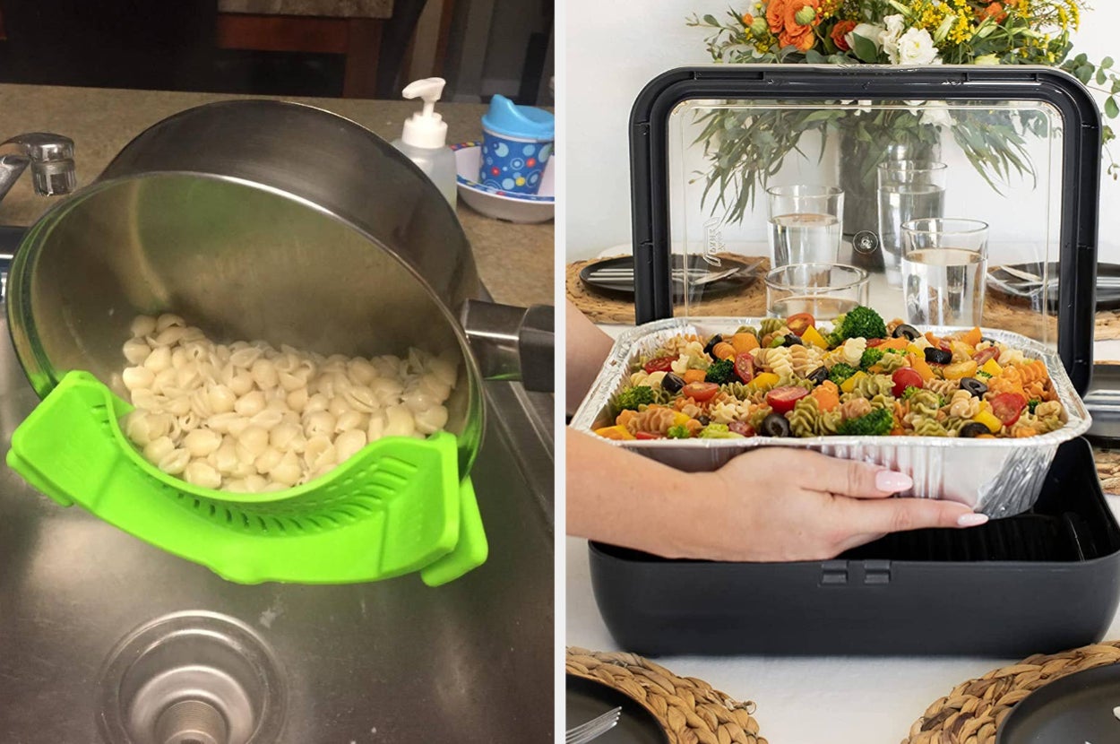 L: snap-on silicone strainer on a pot of pasta R: tin foil pan protector