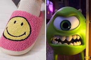 Fluffy slippers with a smiley face on it next to a separate image of Mike from Monsters Inc with his brow furrowed, teeth bared