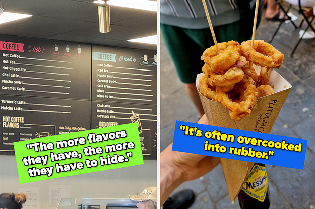 a coffee shop menu and someone holding a cone of calamari