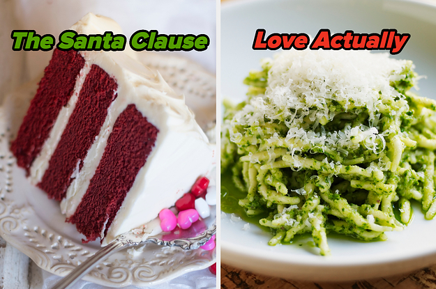 On the left, a slice of red velvet cake labeled The Santa Clause, and on the right, some pesto pasta topped wit grated parmesan labeled Love Actually