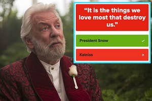 Donald Sutherland as President Snow in Mockingjay Part 2 next to a screenshot of the quote it is the things we love most that destroy us