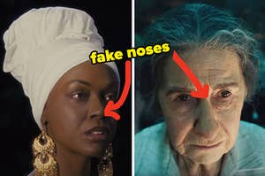 fake noses on Zoe Saldana as Nina Simone and Helen MIrren as Golda Meir
