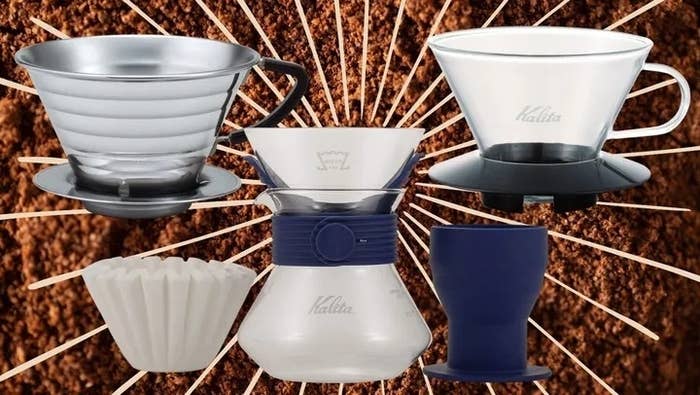The Kalita Wave series comes in a stainless steel pour-over, glass pour-over and complete sets with a carafe.