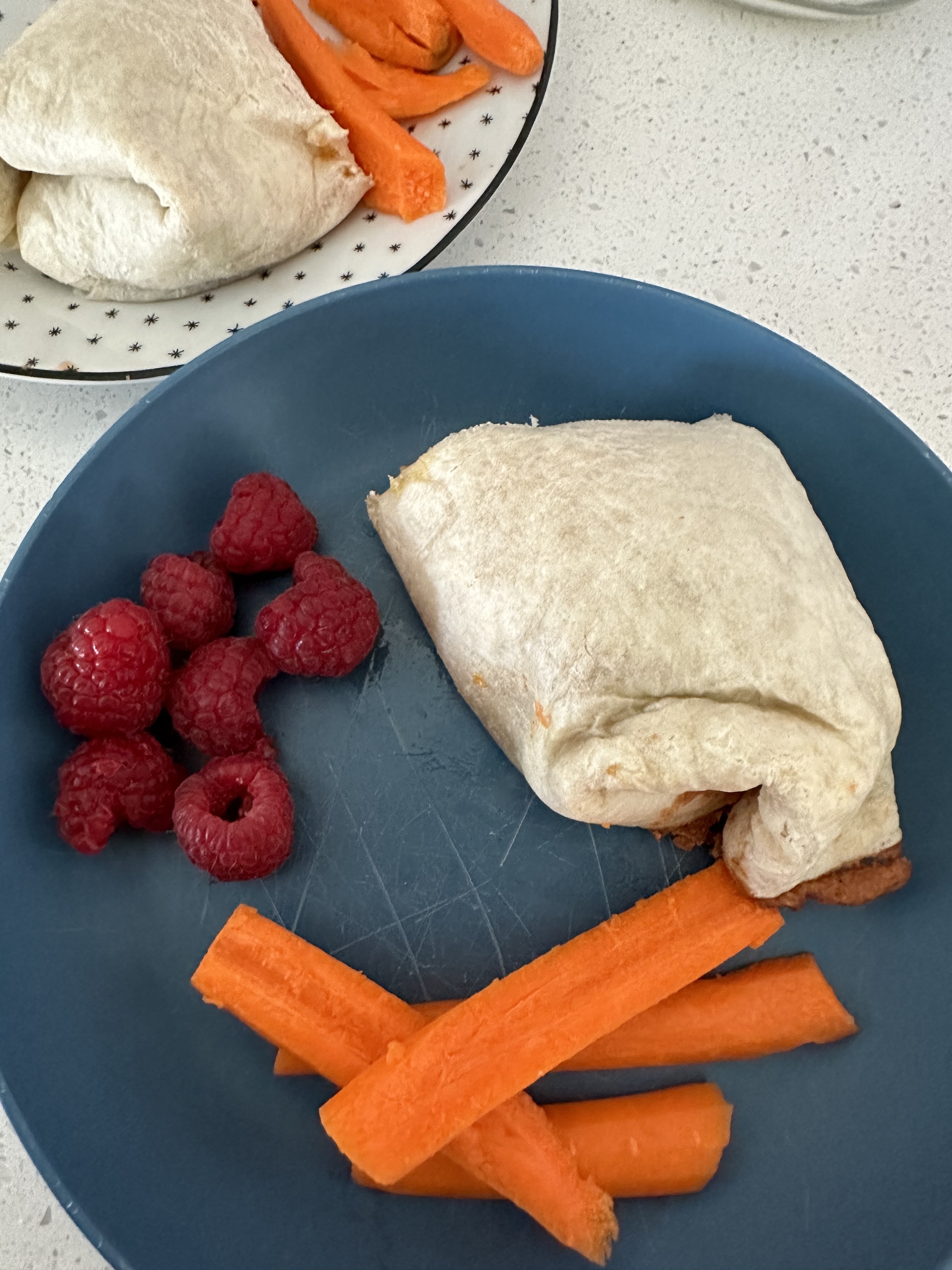 raspberries, carrots, and a burrito on a plate