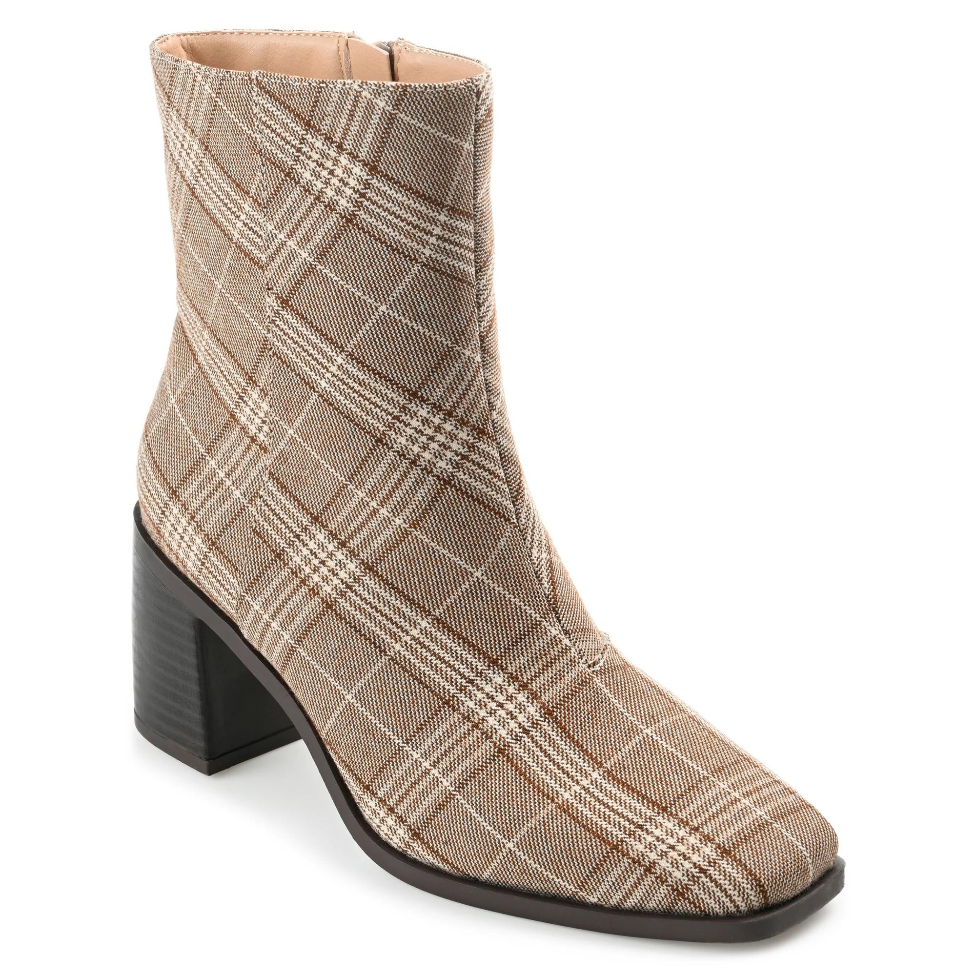 The stacked heel boot in a brown plaid fabric upper