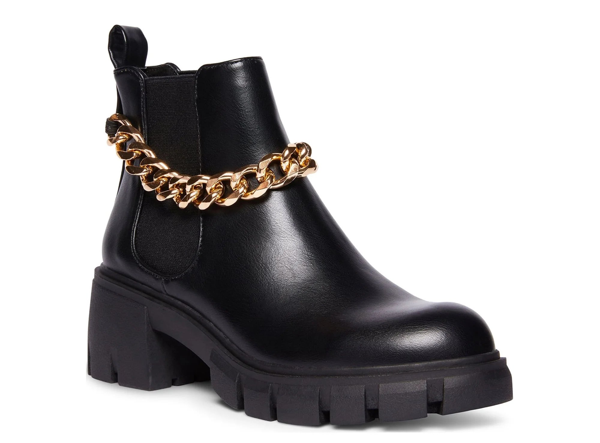 The boot with a gold chain around the ankle