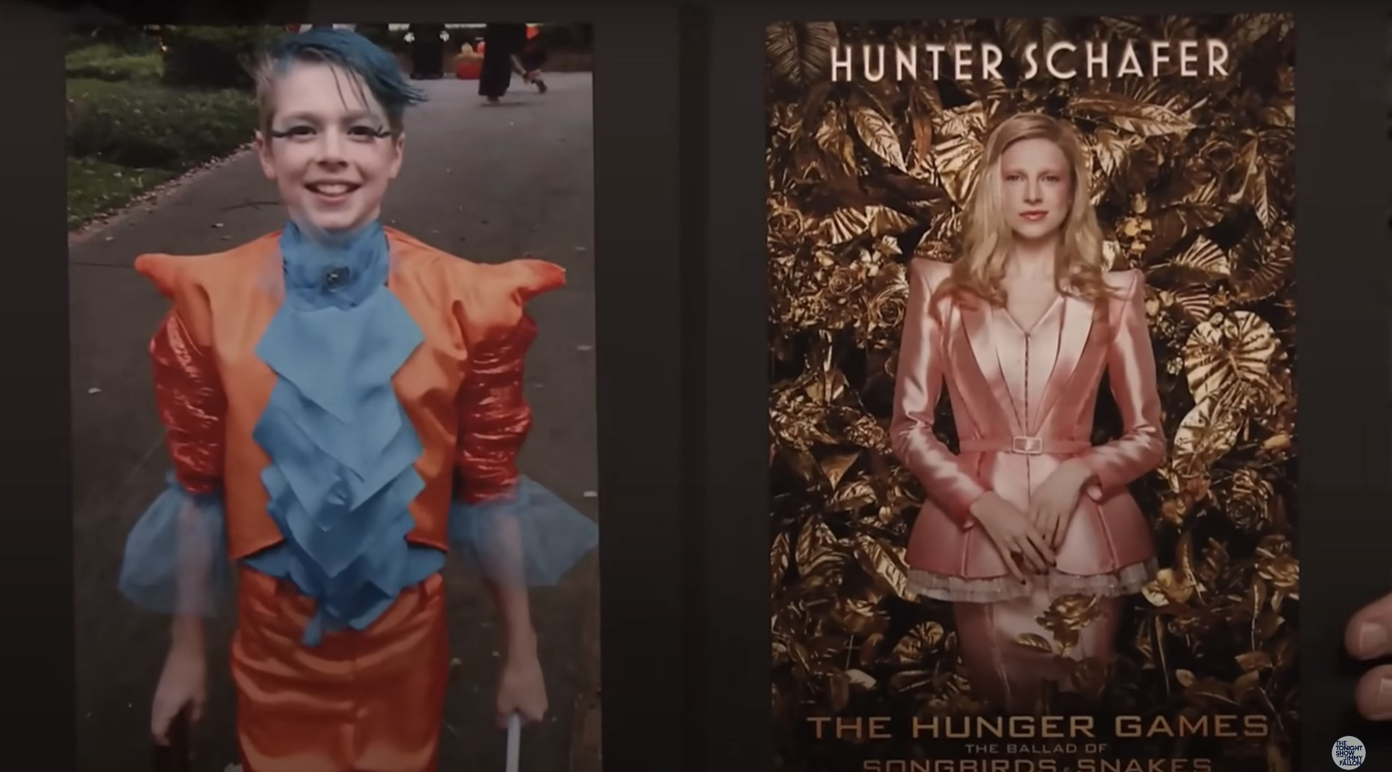 Hunter as a child dressed up for Halloween on the left and Hunter on the poster for The Hunger Games on the right