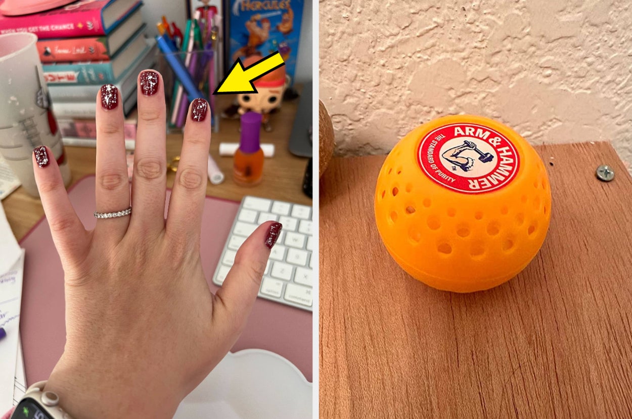 to the left: sparkly nail polish, to the right: arm & hammer odor fighter