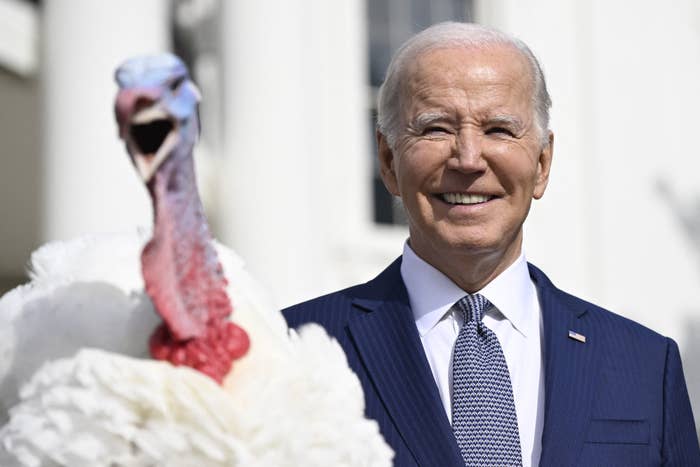 Closeup of Joe Biden and a turkey about to be pardoned