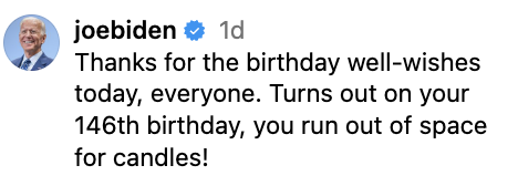 &quot;Thanks for the birthday well-wishes today, everyone. Turns out on your 146th birthday, you run out of space for candles!&quot;