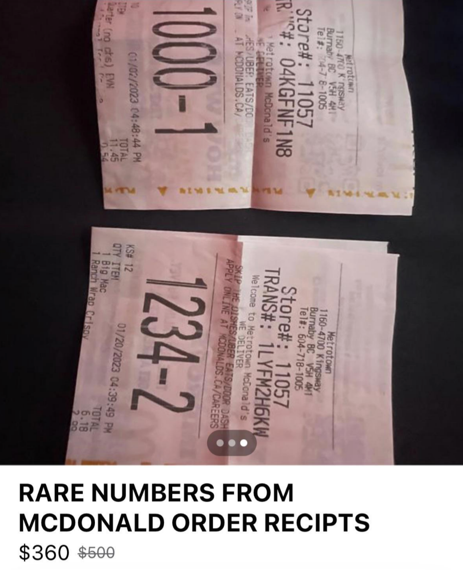 "RARE NUMBERS FROM MCDONALD ORDER RECIPTS"