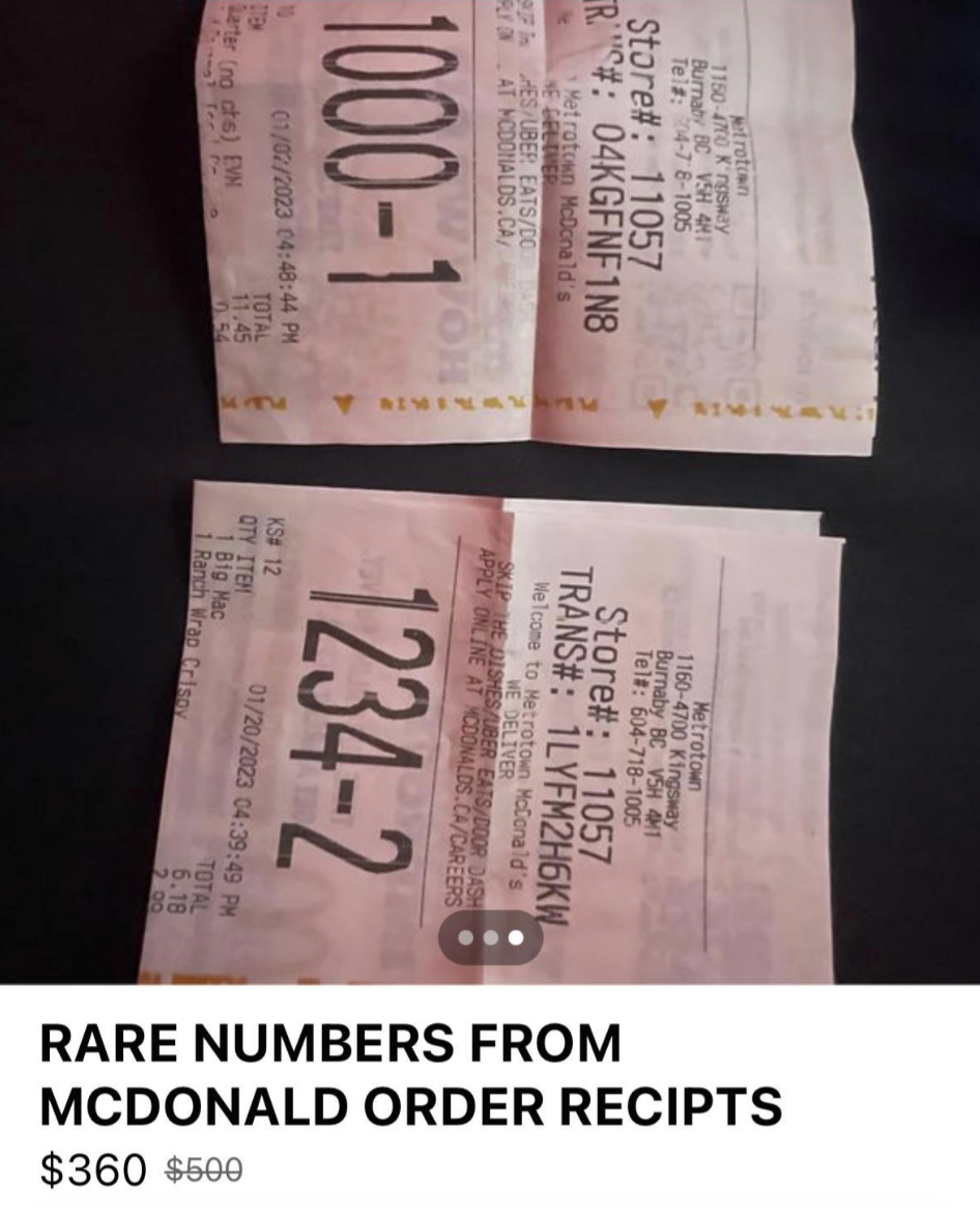 &quot;RARE NUMBERS FROM MCDONALD ORDER RECIPTS&quot;