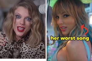 Taylor swift in the "Blank Space" video next to a separate image of her in the "ME!" video.