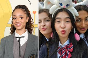 Manon from the girl group Katseye, next to a separate selfie of three other girls from the group.