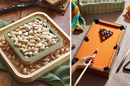 two-tier pistachio tray; miniature orange pool table