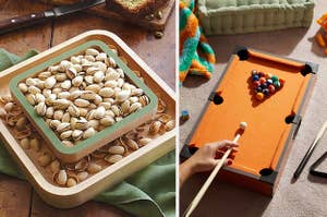 two-tier pistachio tray; miniature orange pool table