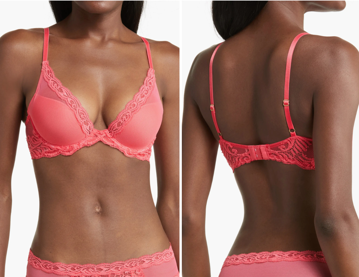 a split screen of a model wearing lace and mesh pink bra shown from front nad back