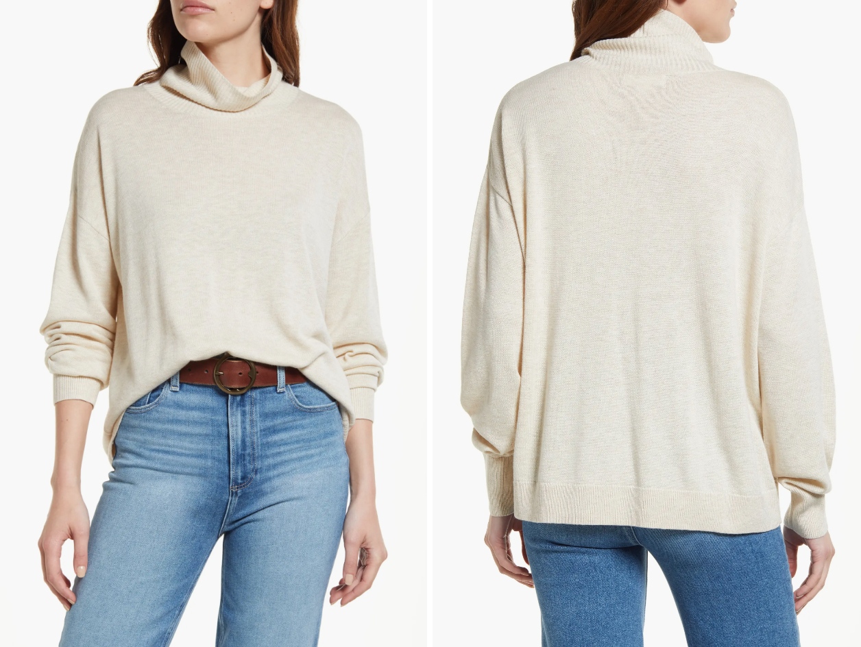 a white turtleneck sweater worn by a model showing front and back in split screen