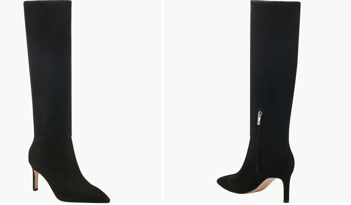 a knee high black boot on a white background shown in two angles