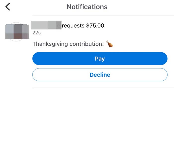 A request for $75 for Thanksgiving contribution on Venmo