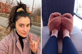 on the left, BuzzFeed writer Rachel Dunkel wearing black wireless Marshall Major IV headphones. on the right, reviewer wearing brown fluffy slippers