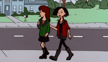 Daria and Jane Lane walking, both wearing their signature boots