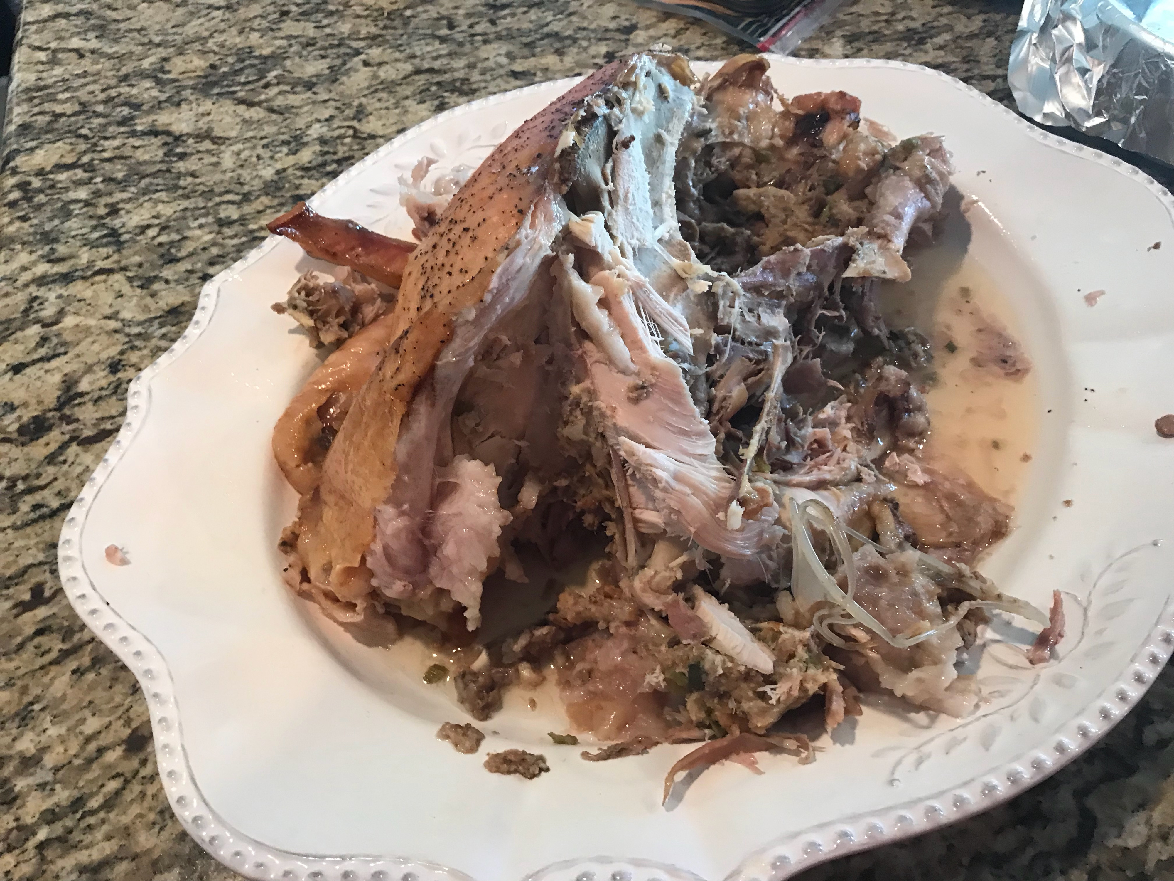 Turkey carcass on a platter