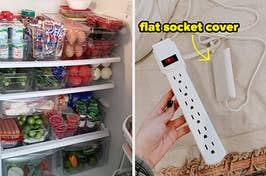 clear refrigerator bins filled with produce and groceries / a power strip with a flat socket cover