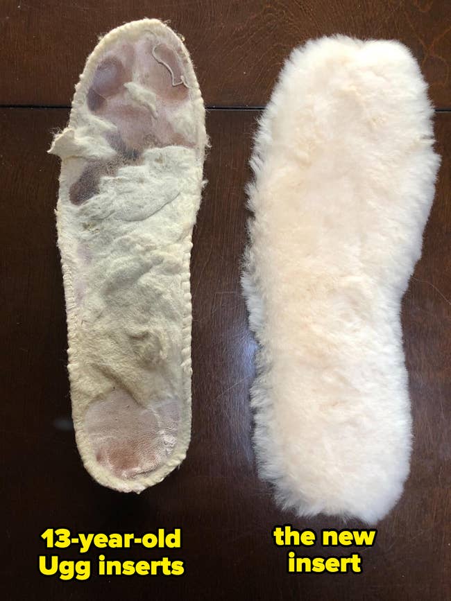 reviewer photo of their original 13-year-old Ugg inserts, which are disgusting and matted, next to a fresh, white, and fluffy new insert