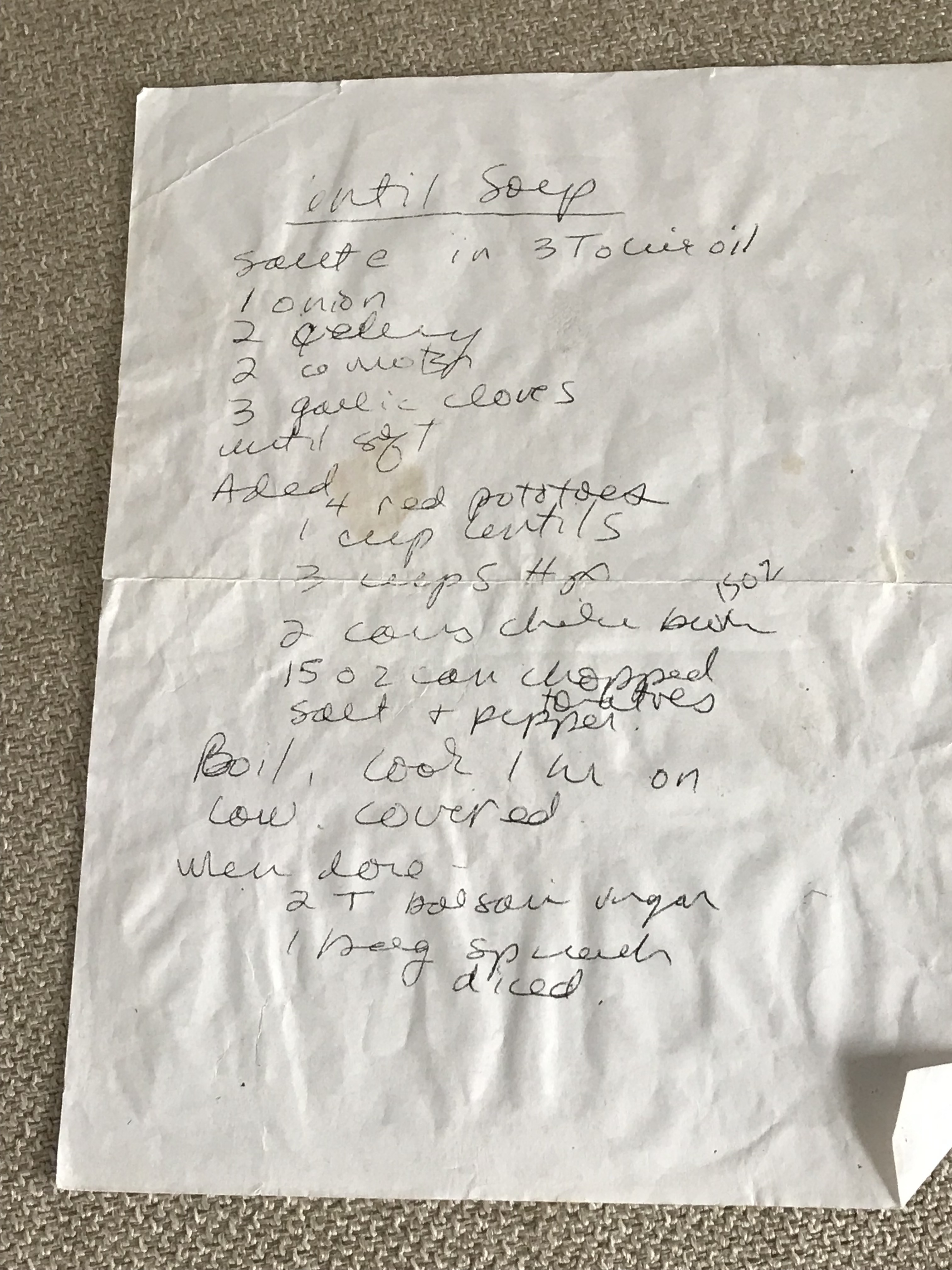Close-up of a handwritten recipe for lentil soup