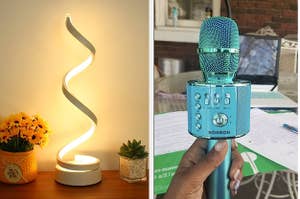 left: The spiral light turned onto the warm light setting; right: Reviewer holding blue karaoke mic with buttons