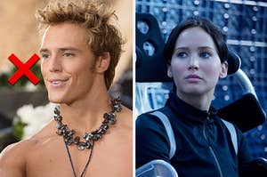 Sam Claflin next to a separate image of Jennifer Lawrence, both from the "Hunger Games" movies
