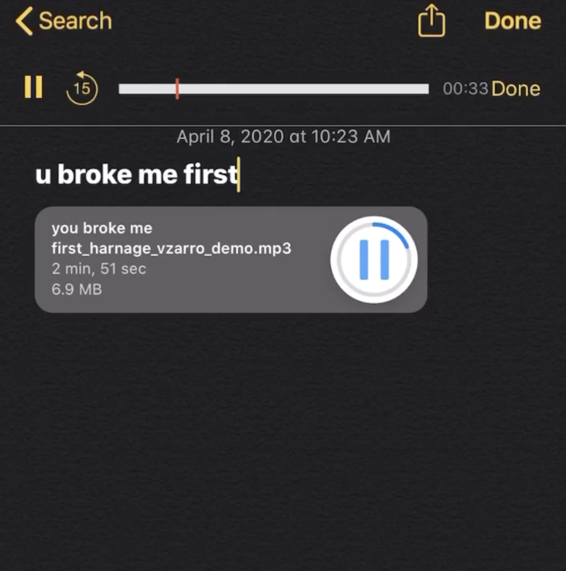 A screenshot of Tate McRae&#x27;s song &quot;you broke me first&quot; in her notes app before it was released.