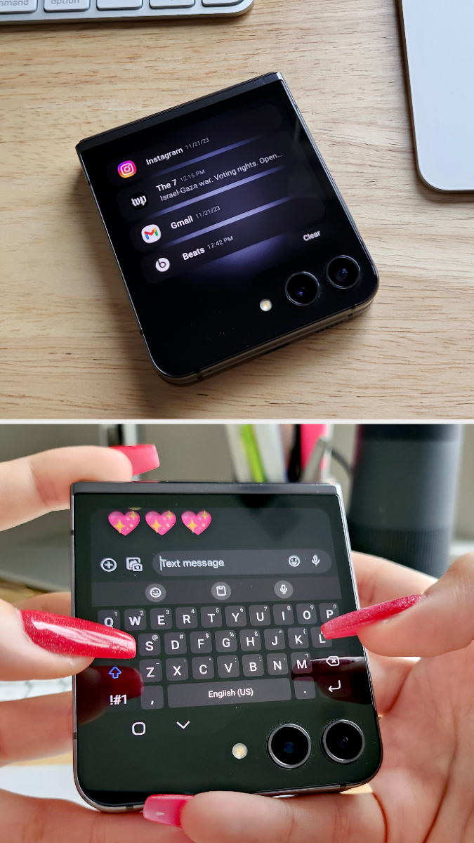 Flip 5 displaying notifications and text with keyboard on the cover screen
