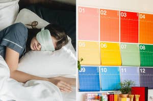 on the left a light green silky eye mask, on the right a colorful poster wall calendar