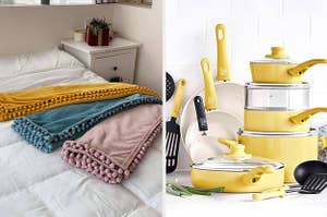 Three fleece blankets with pom pom edges and set of yellow nonstick ceramic cookware with utensils