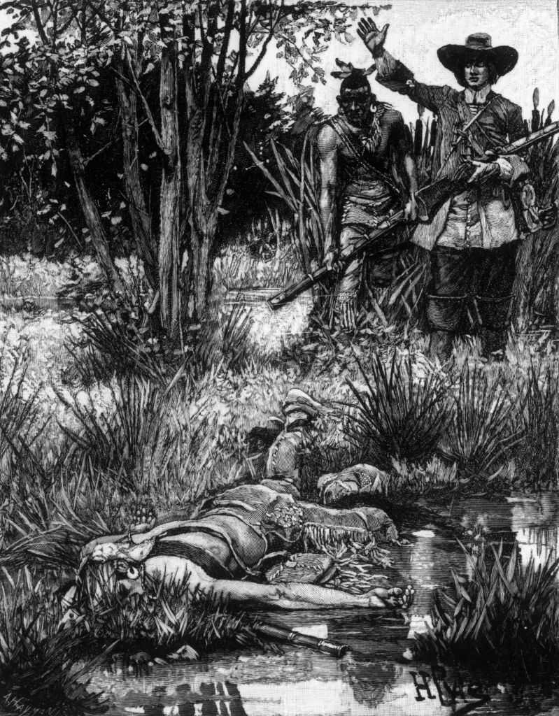 A rendering of a colonist killing a Native American