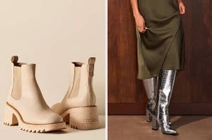 on left: chunky beige Chelsea boots. on right: shiny metallic knee-high boots