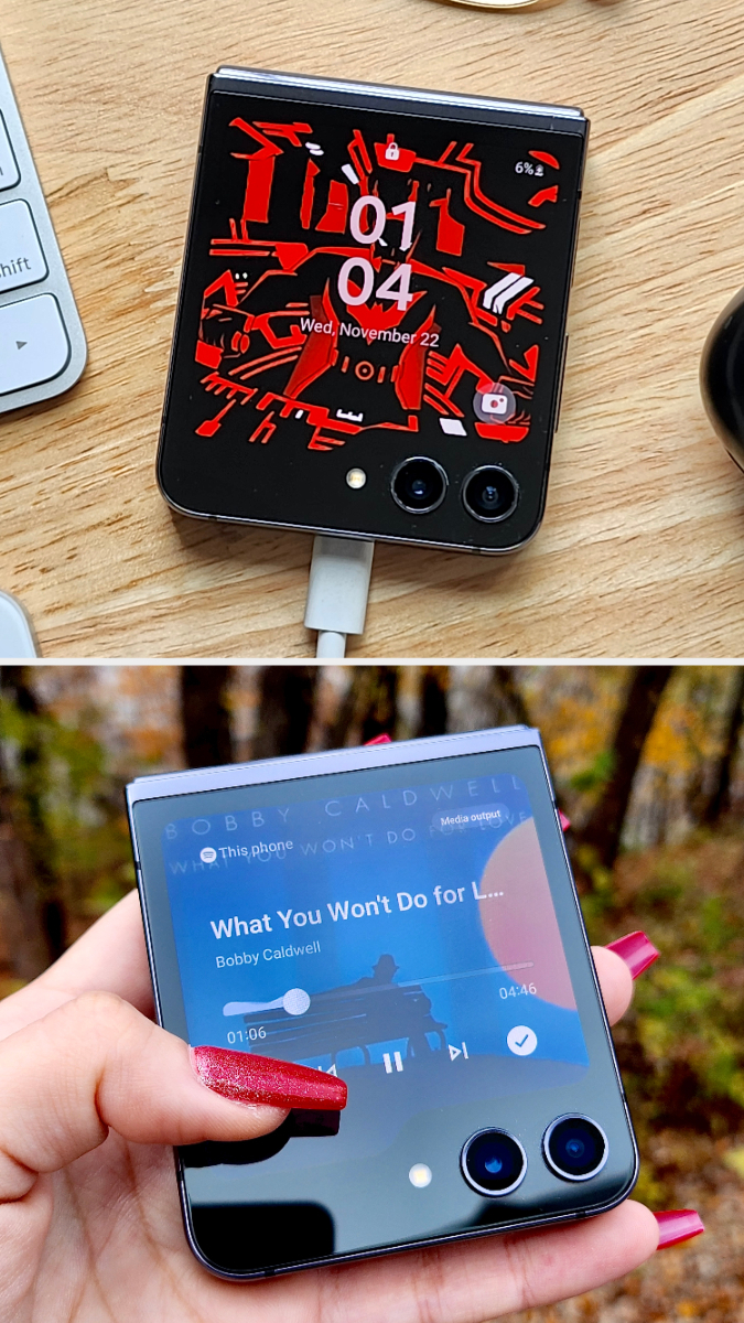Flip 5 with cover screen turned on displaying date and time followed by Flip 5 displaying Spotify controls on the cover screen