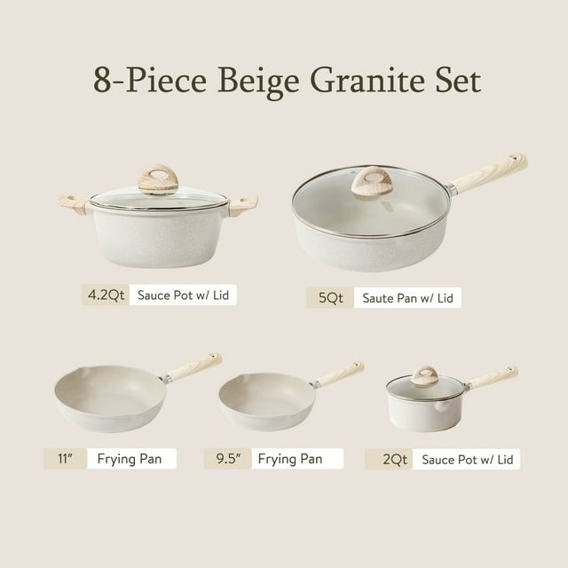 an 8-piece beige pots and pans set