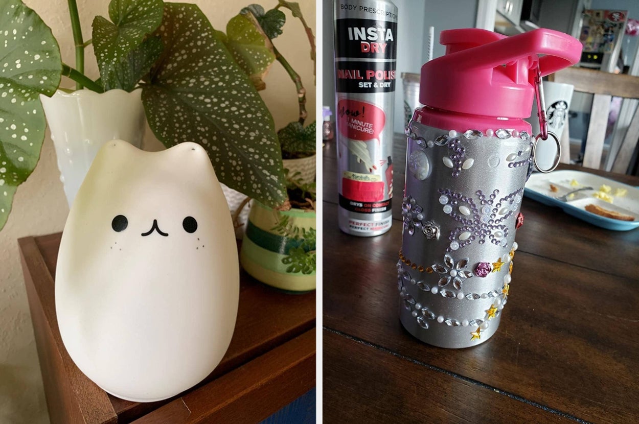 cat lamp, bejeweled water bottle